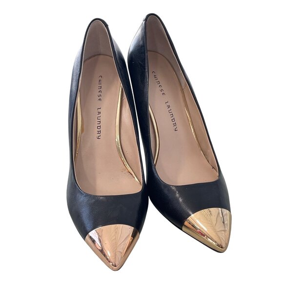 Chinese Laundry Danger Zone Pump Size 10 Black Gold Pointed Toe High Heels Party - Picture 2 of 9